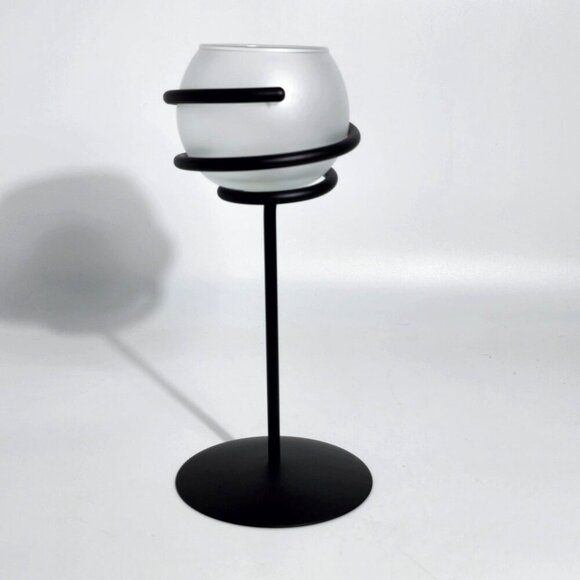 White Frosted Glass and Black Metal Spiral Candle Holder By PartyLite Vintage - Picture 1 of 9